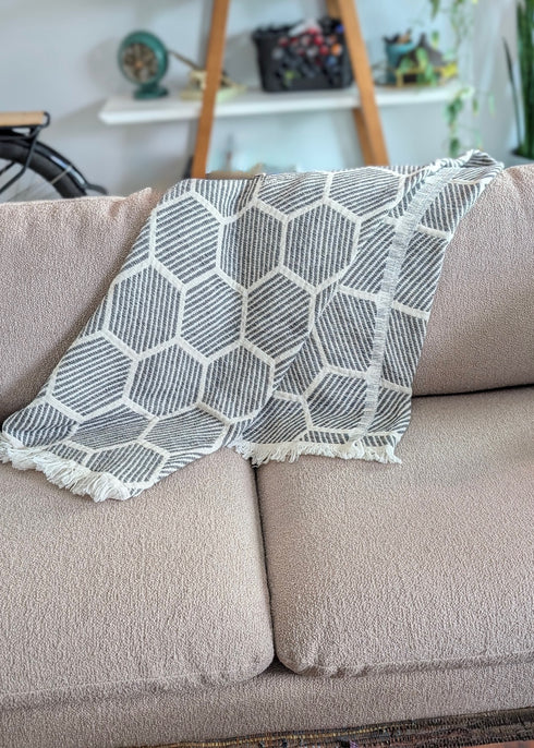 Nomad Hex Turkish Cotton Throw Blanket – 55" x 83", Modern Geometric Design