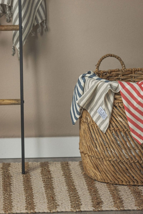 Vertical Stripe Turkish Hand/Tea Towel Set - Red - Taupe - Navy - No Fringe - The Bali Market