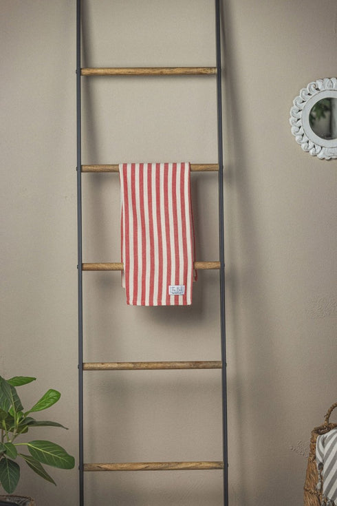 Vertical Stripe Turkish Hand/Tea Towel Set - Red - Taupe - Navy - No Fringe - The Bali Market
