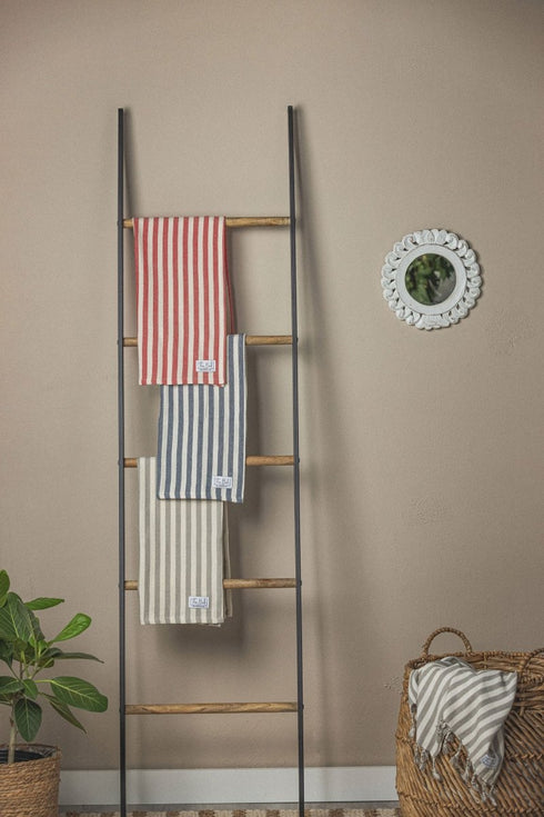 Vertical Stripe Turkish Hand/Tea Towel Set - Red - Taupe - Navy - No Fringe - The Bali Market