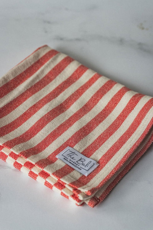 Vertical Stripe Turkish Hand/Tea Towel Set - Red - Taupe - Navy - No Fringe - The Bali Market