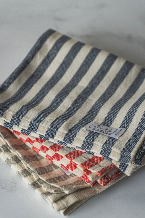 Vertical Stripe Turkish Hand/Tea Towel Set - Red - Taupe - Navy - No Fringe - The Bali Market
