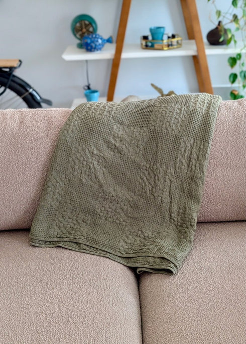 Wildspun Turkish Cotton Throw Blanket – 63" x 83", Dual - Texture Design in Khaki, Grey & Terra - The Bali Market