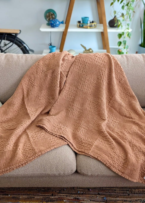 Wildspun Turkish Cotton Throw Blanket – 63" x 83", Dual - Texture Design in Khaki, Grey & Terra - The Bali Market